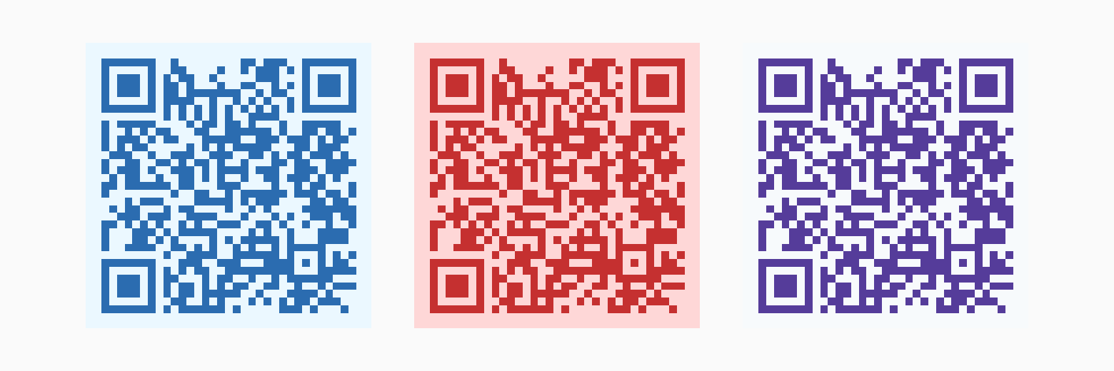 Three QR codes in electric blue, crimson, and royal purple on light tints