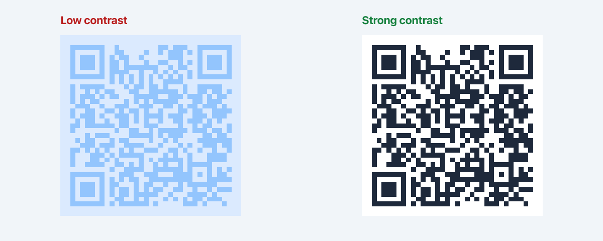 Side by side: low-contrast light blue QR versus high-contrast dark-on-white QR