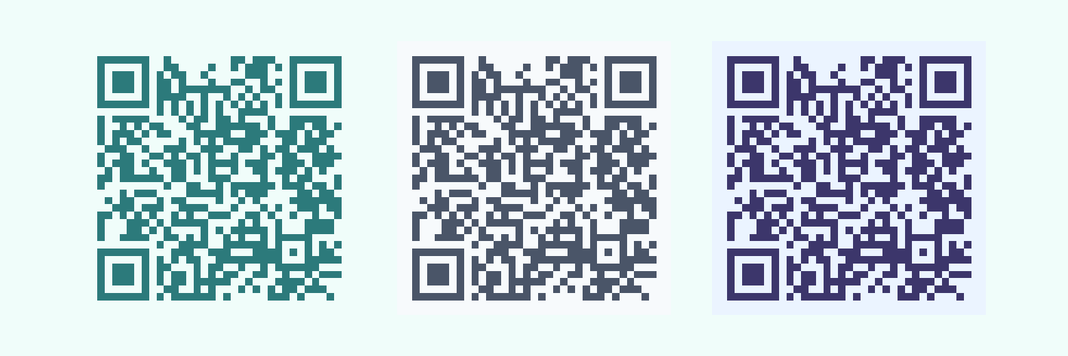 Three QR codes in teal, slate gray, and indigo on mint, cloud, and sky tints