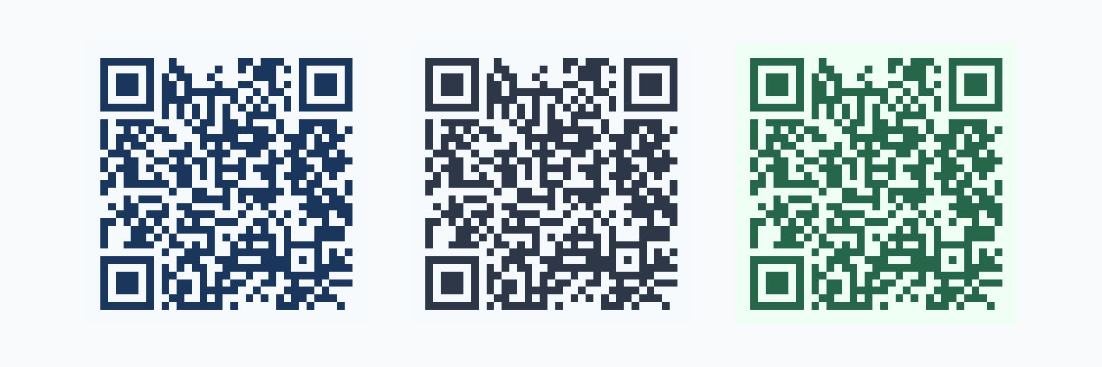 Three QR codes using navy, charcoal gray, and forest green on light backgrounds