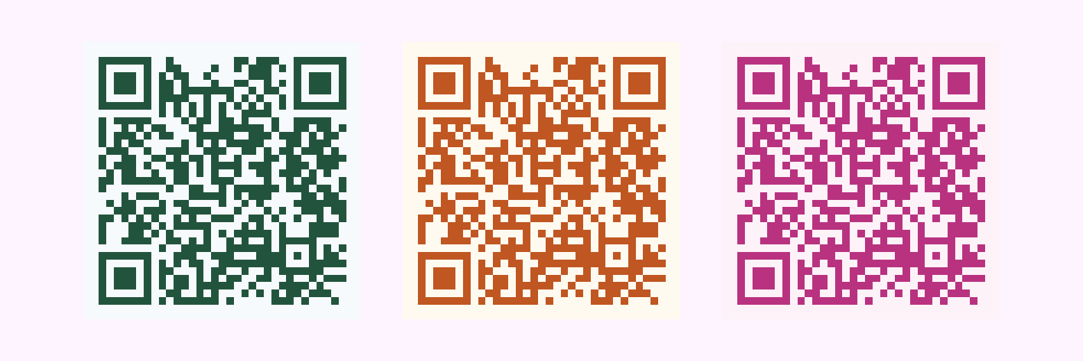 Three QR codes in holly green, pumpkin orange, and valentine pink on light backgrounds