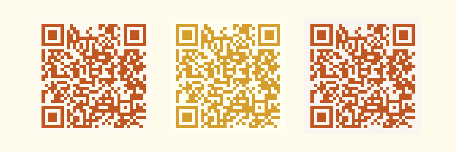 Three QR codes in burnt orange, golden yellow, and terracotta on warm off-whites