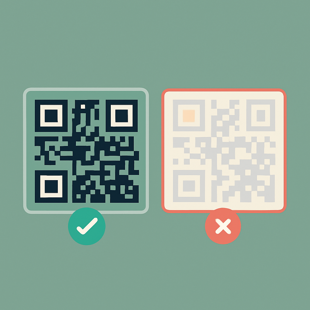 QR code design examples showing good and bad practices