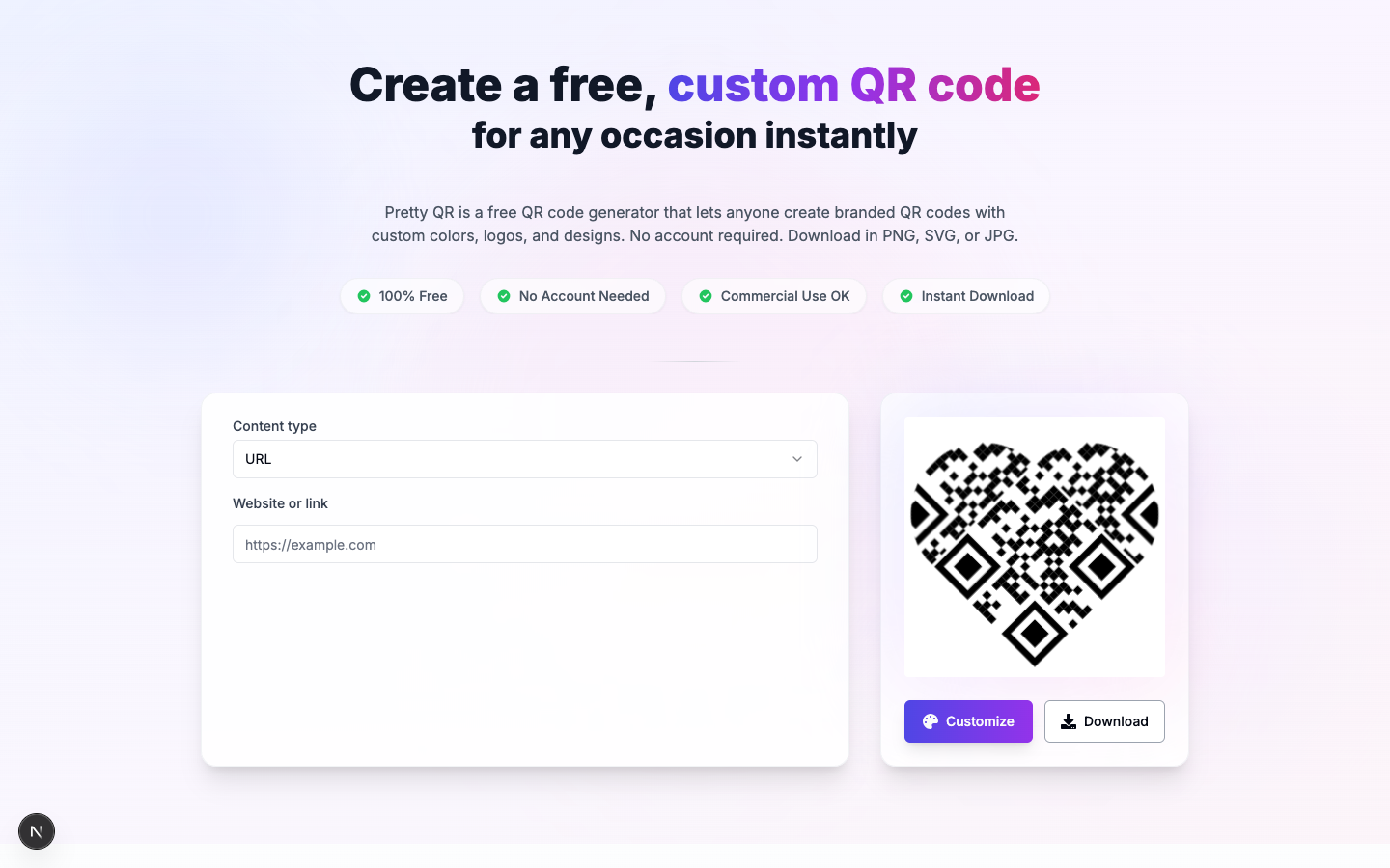 Pretty QR homepage with QR preview and entry into the design editor