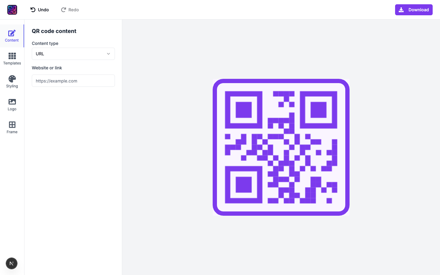 Content tab with URL field and live QR preview