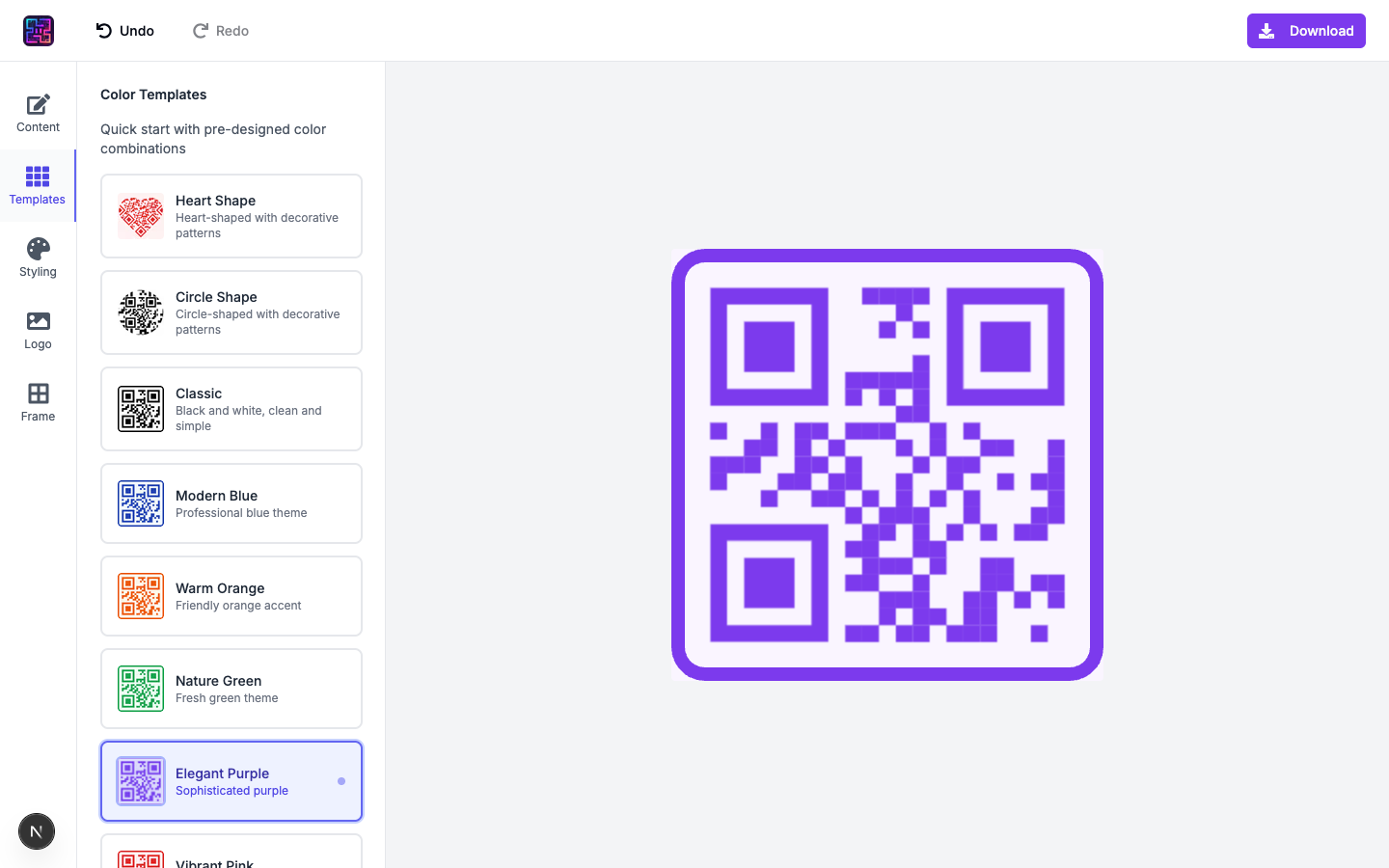 Templates tab with Elegant Purple and other preset styles