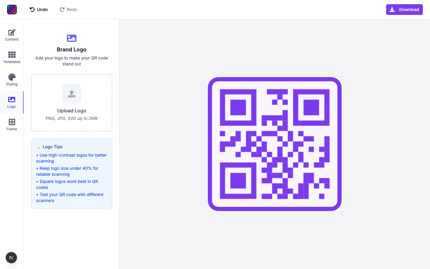 Logo tab before upload: dashed upload area and tips