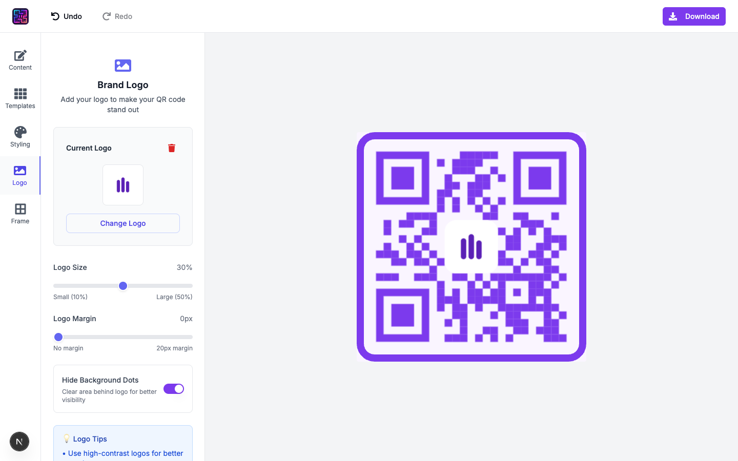 Logo uploaded with size and margin sliders and QR preview
