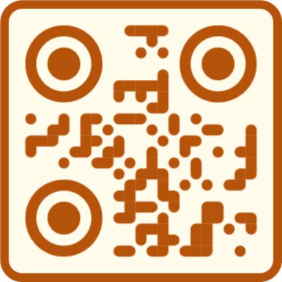 Amber QR code with circular eyes and rounded modules on a cream background