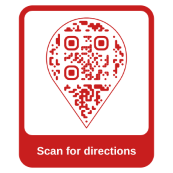 Map pin QR code with a Scan for directions label