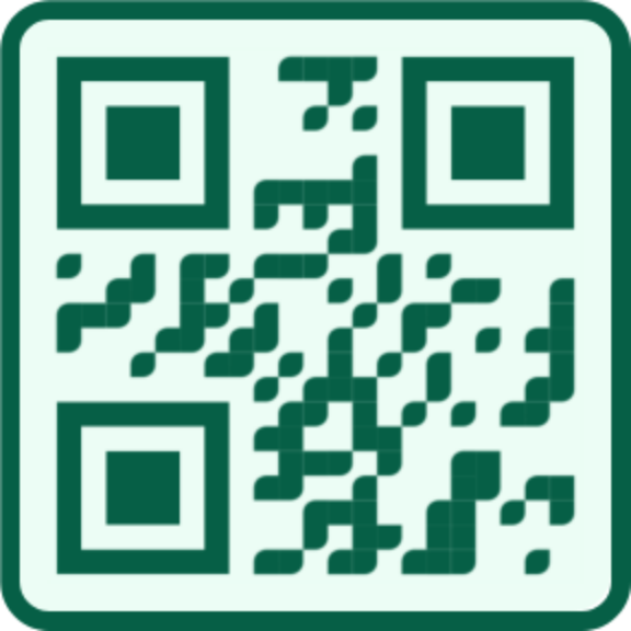 Dark green QR code with soft-cornered modules on a pale mint background