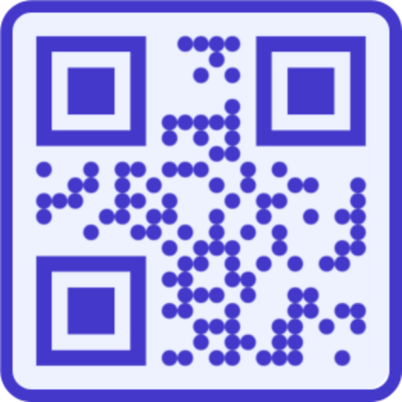 Indigo QR code made of round dots with square eyes