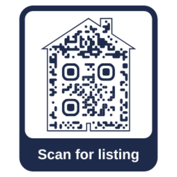 House-shaped QR code with a Scan for listing band