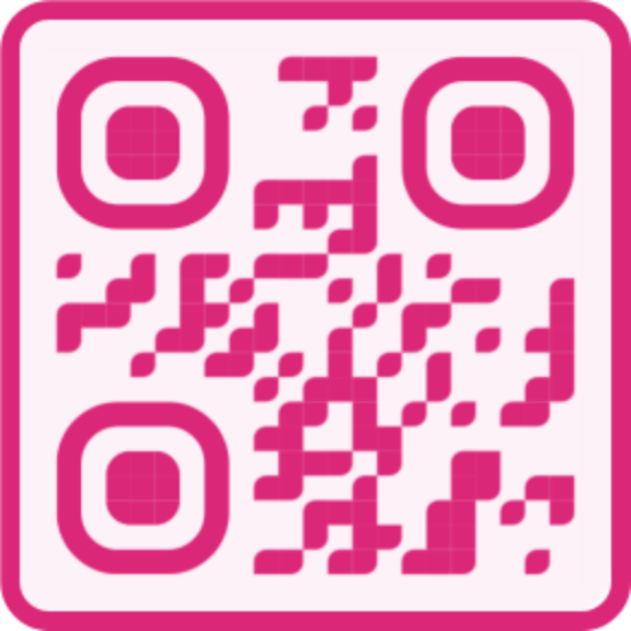 Pink QR code with rounded modules and rounded square eyes in a pink frame