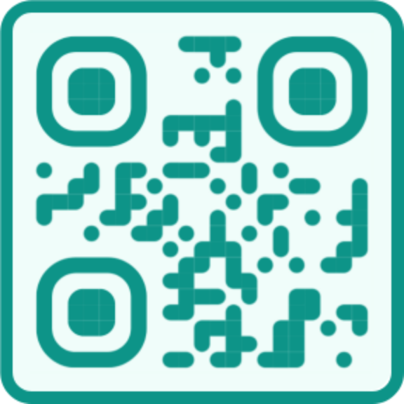 Teal QR code with rounded modules and rounded eyes on a mint background